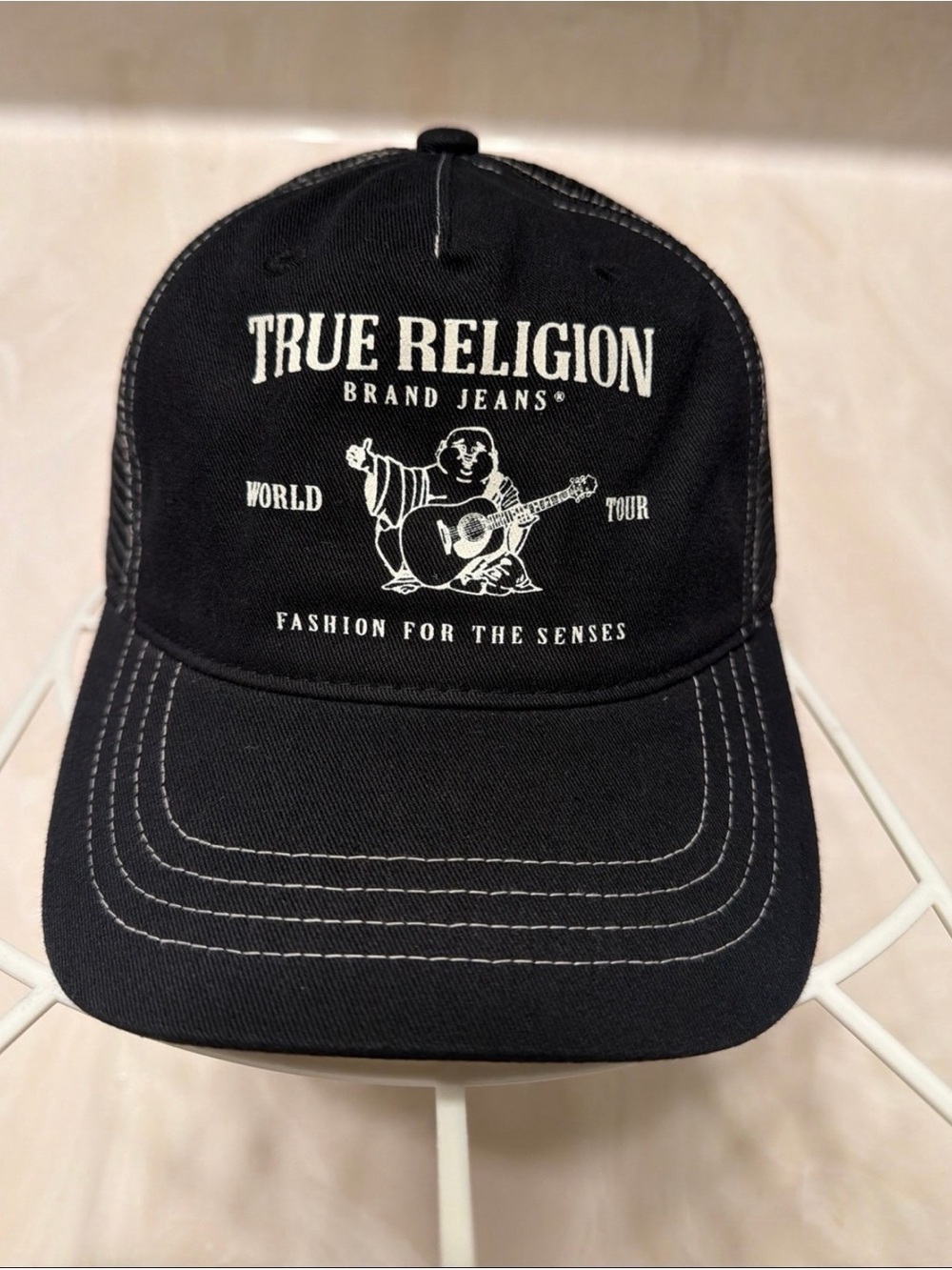 True Religion Black Cap with White Logo Guitar Graphic